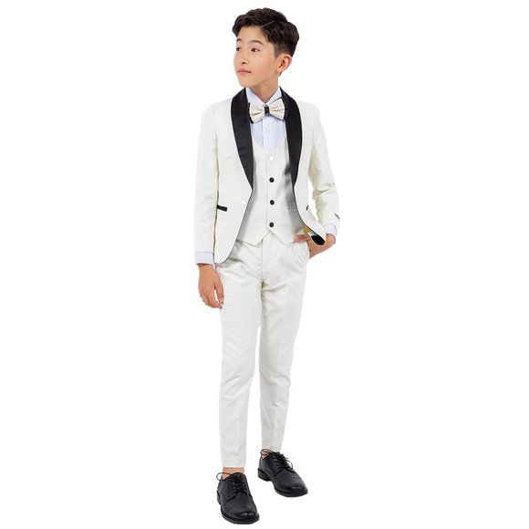 Stacy Adams Boys Ivory Tuxedo Set, 5-Piece Black Shawl Collar - Picture 2 of 7